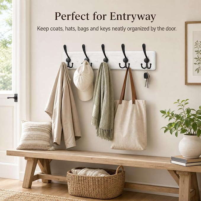 Solid Oak Wooden Coat Rack Wall Mount - Image 5