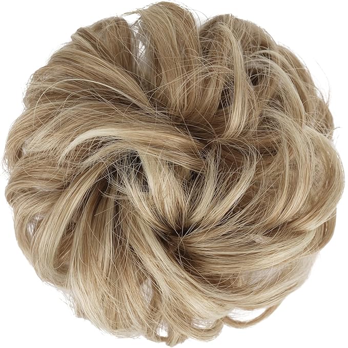 FESHFEN Large Messy Bun Hair Piece - Wavy Synthetic Chignon Scrunchies Elastic Ponytail Hair Extensions Thick Hairpieces for Women, Mixed Blonde and Ash Blonde Tips 1.94oz
