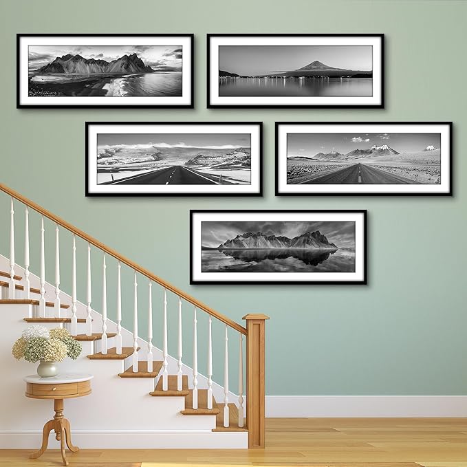 Americanflat 16x40 Picture Frame with Polished Plexiglass - Set of 5 - Use as 12x36 Frame with Mat or Display 16x40 Photo Without Mat - Galleria Collection - Picture Frames for Wall Display - Black