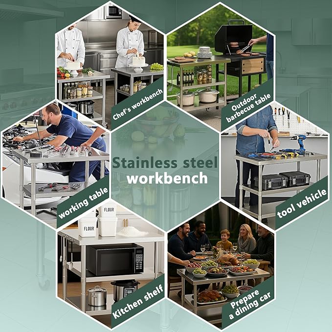 Stainless Steel Table with Wheels for Food Preparation and Work, Multi-Size Optional, Three-Layer Variable Two-Layer Metal Commercial Workbench Outdoor, Restaurant, Kitchen (36" Lx24 Wx34 H)