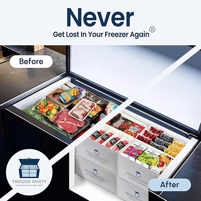 The Original Chest Freezer Organizer Bins, Stackable Storage Organizers, Deep Freezer Dividers, Handles, Heavy-Duty, Water-Proof (2 Pack Regular 15x14x9)