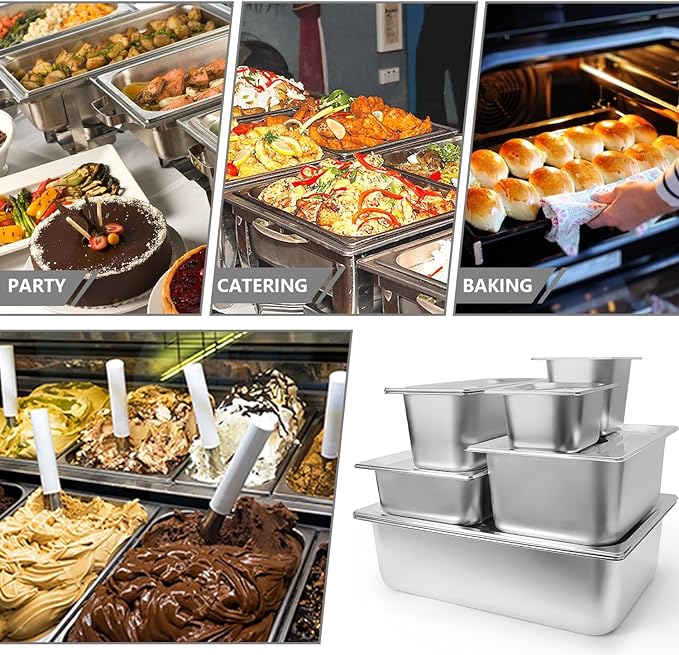 6 Set Stainless Steel Hotel Pans Full Size 6 Inch Deep With Lids, Anti-Jam Chafing Steam Table Pans, Catering Food Storage Metal Pan
