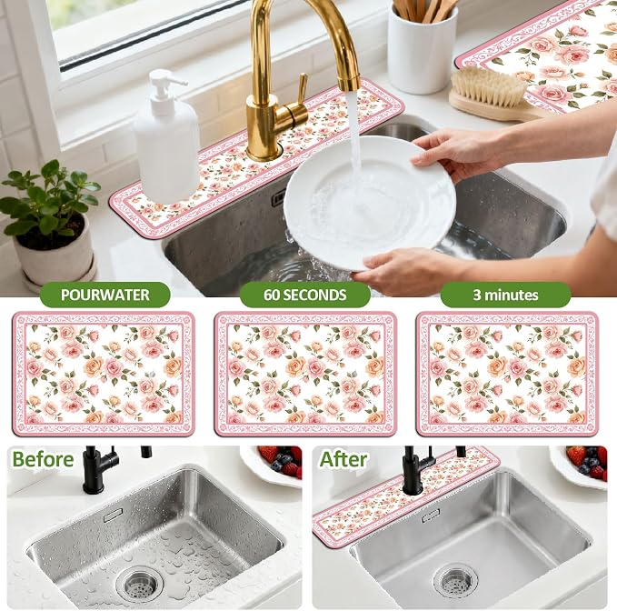 3 Pcs 2 Size Kitchen Sink Splash Guard Faucet Mat Pale Pink Flowers Pattern - Image 4