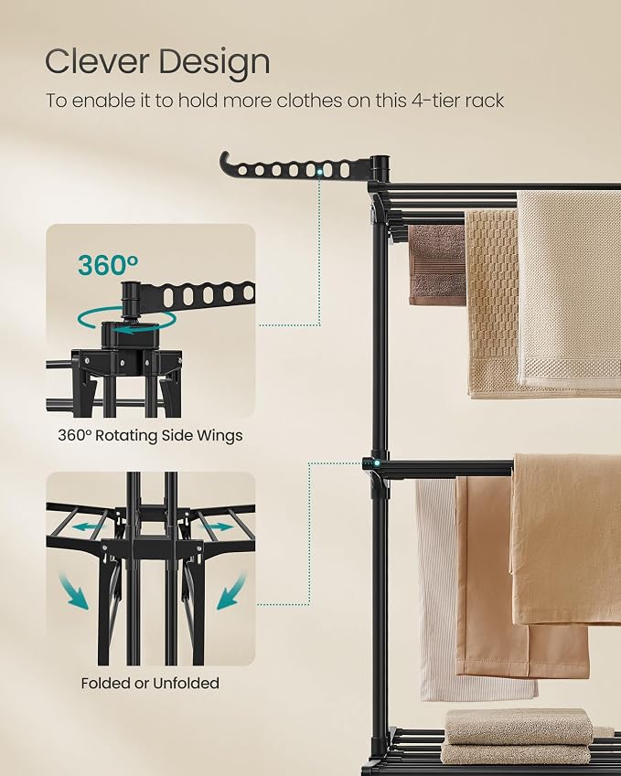 SONGMICS Clothes Drying Rack 4-Tier, Foldable Laundry Rack, Steel | Indoor - Image 6
