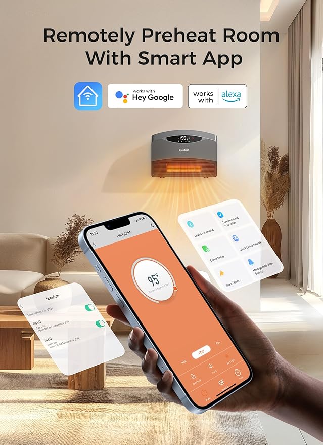 GiveBest Smart Wall Heater with WiFi and Remote Control, 1500W, Floor or Wall Mounted, 3 Heating Modes, Electric Heater with Thermostat for Living Room, Garage, Grey