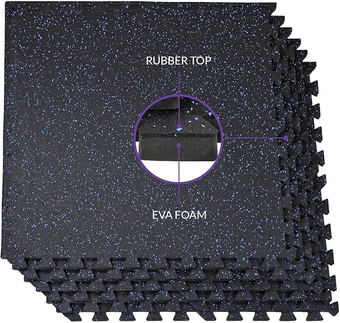 Xspec 1/2" Thick 48 sq ft (12 Tiles) Interlocking Rubber Top EVA Foam Exercise Mat | Home Gym Mats Workout Flooring Tiles for Gyms, Fitness Rooms | Durable Grip Protective Flooring, Black/Blue