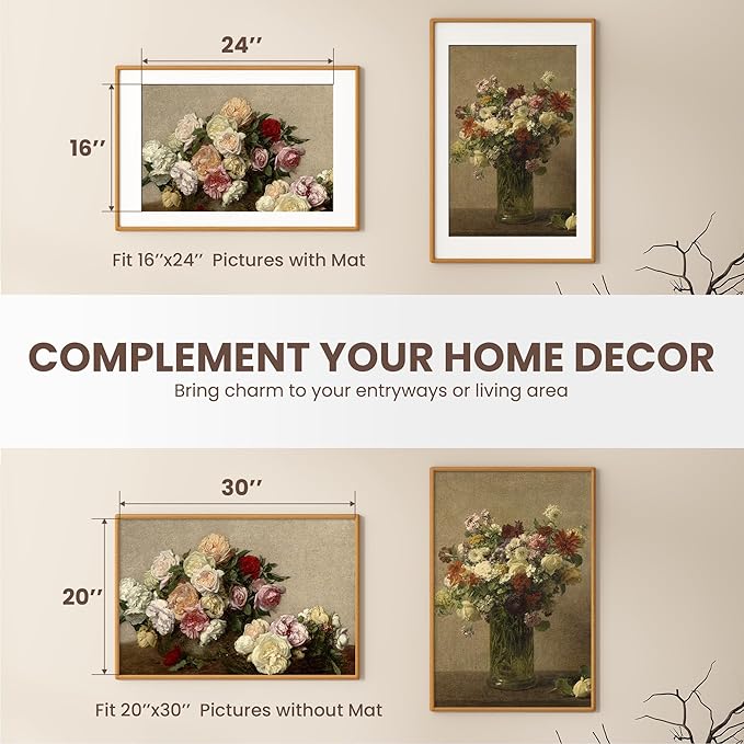Axeman 20x30 Frame - Solid Teak Wood Picture Frame Matted to 16x24 - Rounded Corner 20 x 30 Poster Frame with Tempered Glass for Wall Display