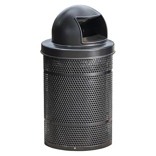 55 Gallon Perforated Trash Can with Plastic Dome Lid, Steel Outdoor Heavy-Duty Commercial Waste Bin, Round Recycle Container, Durable Garbage Can for Parks, Municipalities, Schools, Parking