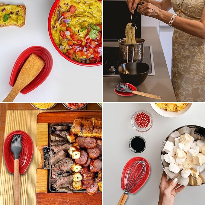 Hasense Spoon Rest for Stove Top, Large Ceramic Cooking Spoon Holder for Kitchen Counter, Porcelain Spatula Rest for Kitchen Utensils, Ladle and Tong, Home and Coffee Bar Decor, Red