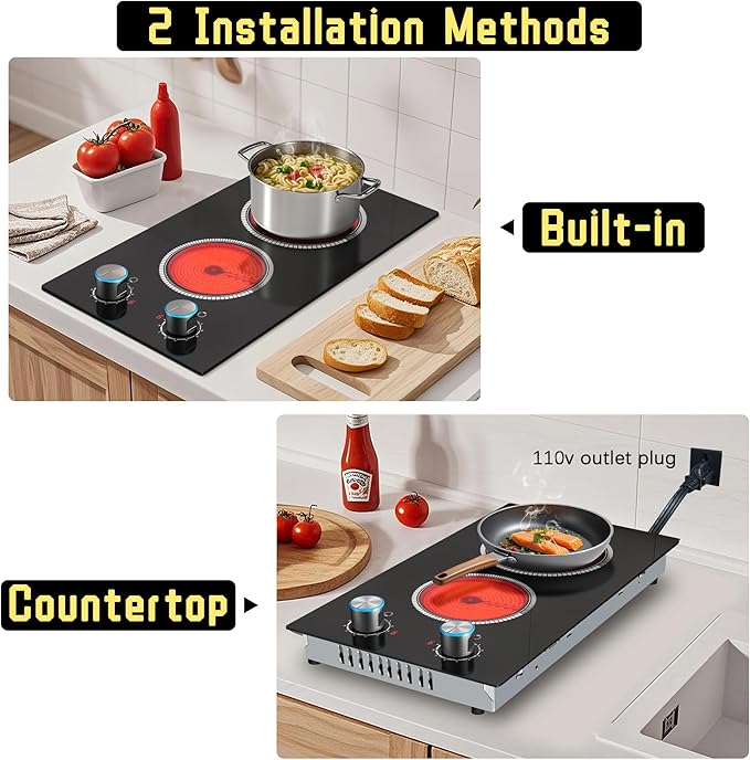 2 Burner Electric Cooktop, 12 Inch Electric Stove Top, 120V Stove Top Burner Knob Control, 2000W Countertop Stove with Timer, 9 Heating Levels, Overheat Protection, High-Temp Alarm Pladeca