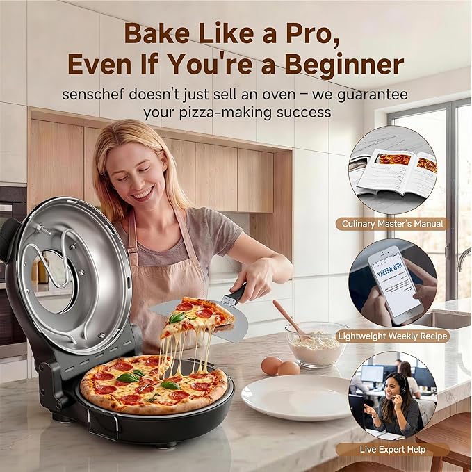 12-Inch CrustyBake Beginner's Black Glazed Stone Pizza Oven: Quick 800°F Heating, Easy-Clean Design, Recipe Book & All Tools Included - Perfect for First-Time Pizza Makers at Home