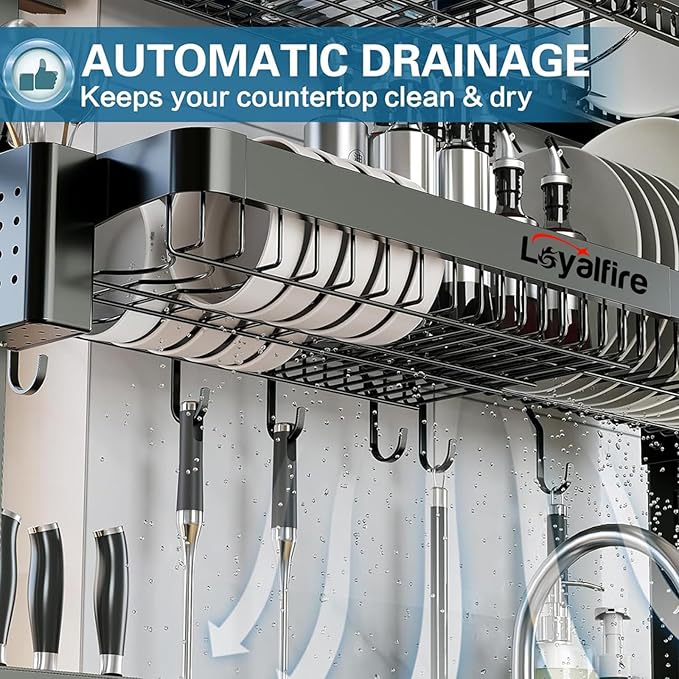 Over Sink Dish Drying Rack, 3 Tier Adjustable Length (20.87'' to 37.6'') Full Stainless Steel Large Storage Kitchen Dish Rack, Expandable Drainer Shelf Rack with Multifunctional Organizers