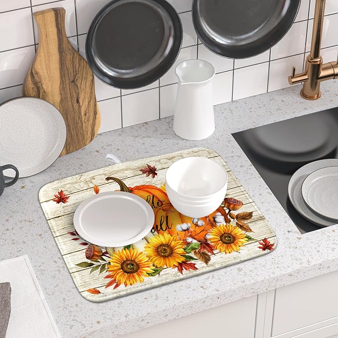 Hello Fall Dish Drying Mat Autumn Pumpkin Dish Drainer Rack Mats 16"x18" Fast - Image 6