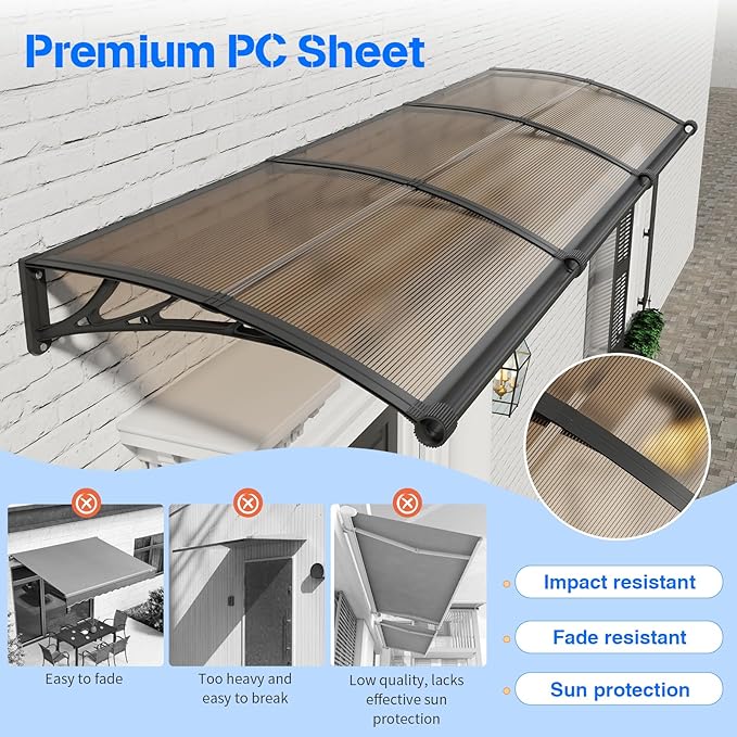 Awning for Door Entrance with Drainage Sink,40x60 Inch Awnings for Doors,Window Canopy Exterior with Plastic Steel Bracket,Polycarbonate Cover,UV,Rain,Snow Protection for House,Porch,Patio,Deck