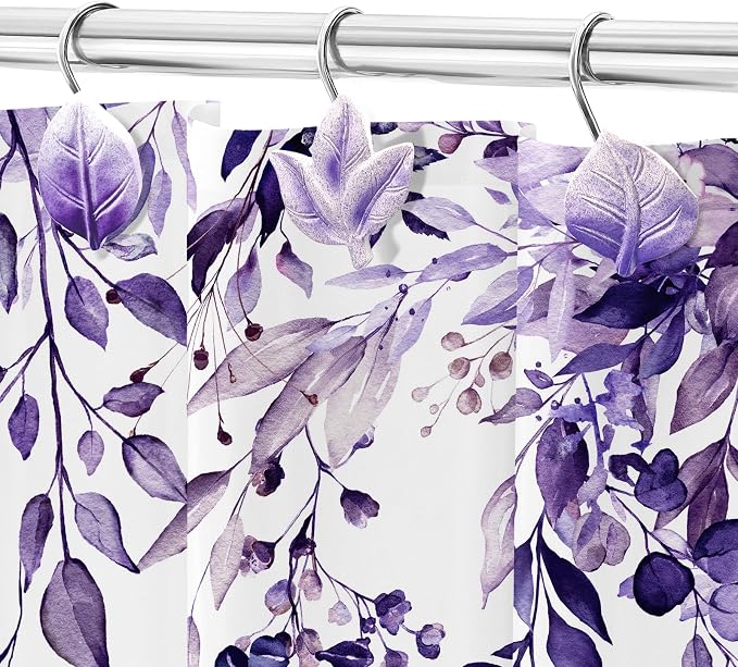 Purple Plant Leaf Shower Curtain Hooks, Eucalyptus Bathroom Decor, Metal - Image 5
