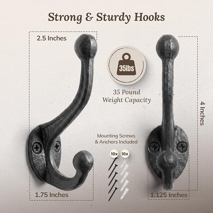 Rustic Cast Iron Coat Hooks Wall Mounted Farmhouse Decorative Wall Hooks - Image 3