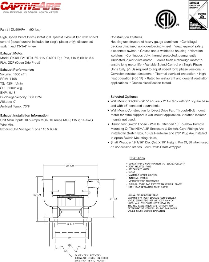 Low Profile Grease Rated Food Truck Exhaust Fan- High Speed Direct Drive Centrifugal Upblast Exhaust Fan with speed control- 21" Base, 0.50 HP 115 Volt Single Phase Motor, 900-1500 CFM (DU50HFA)