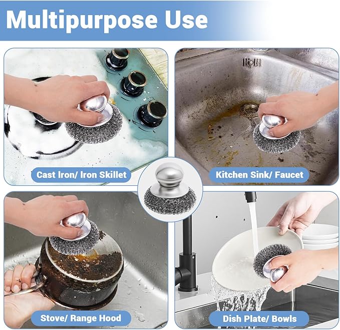 Steel Wool Scrubber with Handle, 5Pcs Stainless Steel Scrubber Set, Metal Pan & Pot Cleaner for Cast Iron, Grill, Stove, Oven, Sink, Stubborn Messes (1 Handle +4 Pads)