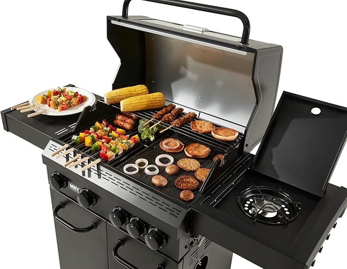 4-Burner Propane Gas Grill, 50,000 BTU Heavy Duty Outdoor BBQ Grill with Side Burner, Cast Iron Cooking Grates & Griddle for Backyard Barbecue