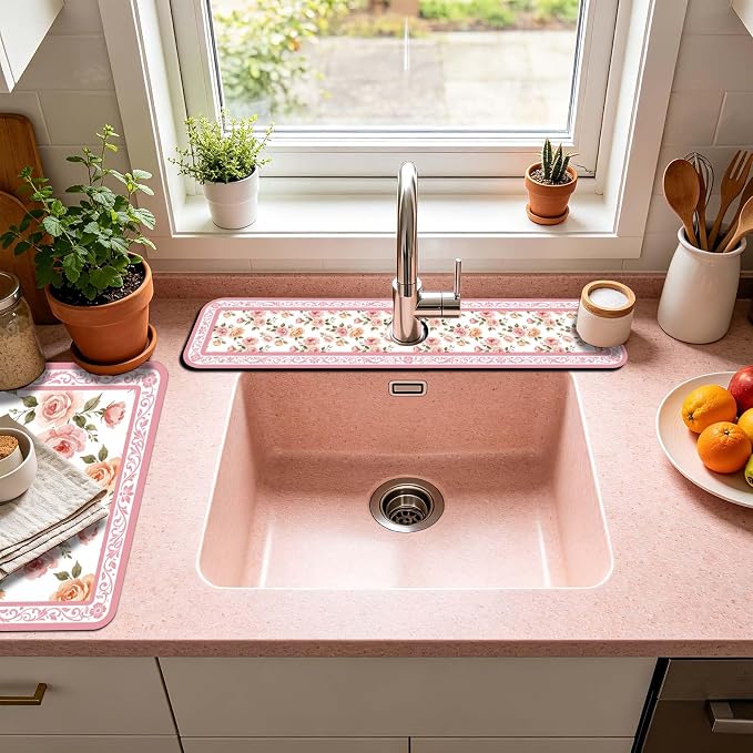 3 Pcs 2 Size Kitchen Sink Splash Guard Faucet Mat Pale Pink Flowers Pattern - Image 6