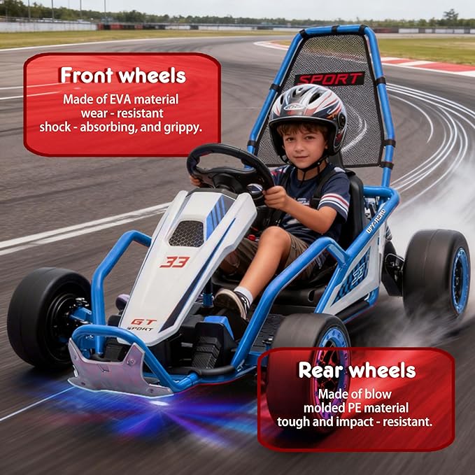 24V 8.5 MPH Electric Go Kart for Kids, 400W Powerful Drift Kart w/Front EVA Wheel & Metal Frame, Ride on Toy w/Music & Lights, Suspension, 2 Speed, 5 Point Harness, Crazy Cart for Ages 6+, Blue