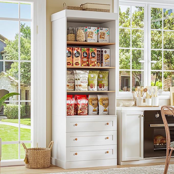 Vyre 71" Tall Farmhouse Kitchen Pantry, Large Storage Cabinets with Glass Doors, Freestanding Wood Hutch Cabinet with 3 Drawers, Adjustable Shelves for Living Room, Dining Room, Set of 3