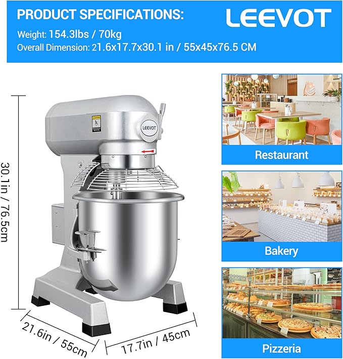 30 Qt 1250W Commercial Food Mixer, Commercial mixer 3 Speeds Adjustable Heavy Duty Stand Mixer with Stainless Steel Bowl for Bakery Pizzeria.