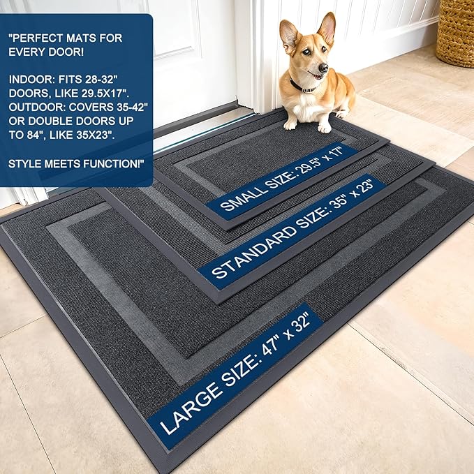 OLANLY Front Door Mat Indoor Outdoor Entrance, Waterproof All-Season, All-Weather Doormat, Sturdy Natural Rubber, Fade Resistant, Low Profile, Easy Clean Patio Porch Entryway Mat, 71x23, Grey