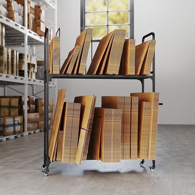 2-Tier Carton Stand, Metal Cardboard Box Organizer, Rolling Cardboard Box Stand, Heavy Duty Carton Storage Cart with Dividers, Shipping Boxes Cart with Wheels for Commercial Home Supermarket Warehouse