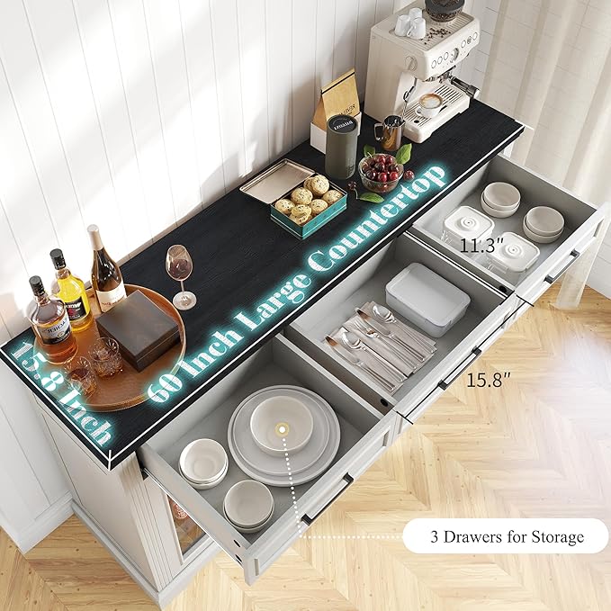 60" Farmhouse Coffee Bar Cabinet with Beverage Fridge (Included), Wine Bar Cabinet with Drawer Storage, Mini Fridge Cabinet, Sideboard Cabinet for Dining Room, Living Room-White