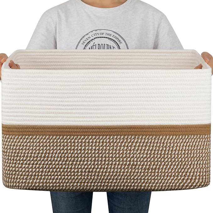 OIAHOMY Blanket Basket Laundry Basket Dog Toy Basket 75L Yellow/White by MasterofSpaceOptimization