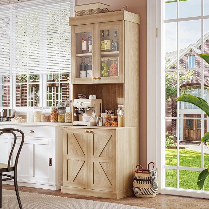 71" Farmhouse Kitchen Pantry Cabinet Set of 2, Tall Freestanding Storage Hutch with Glass Doors, Microwave Stand and Adjustable Shelves, Coffee Bar Cabinet for Kitchen or Living Room, Brown