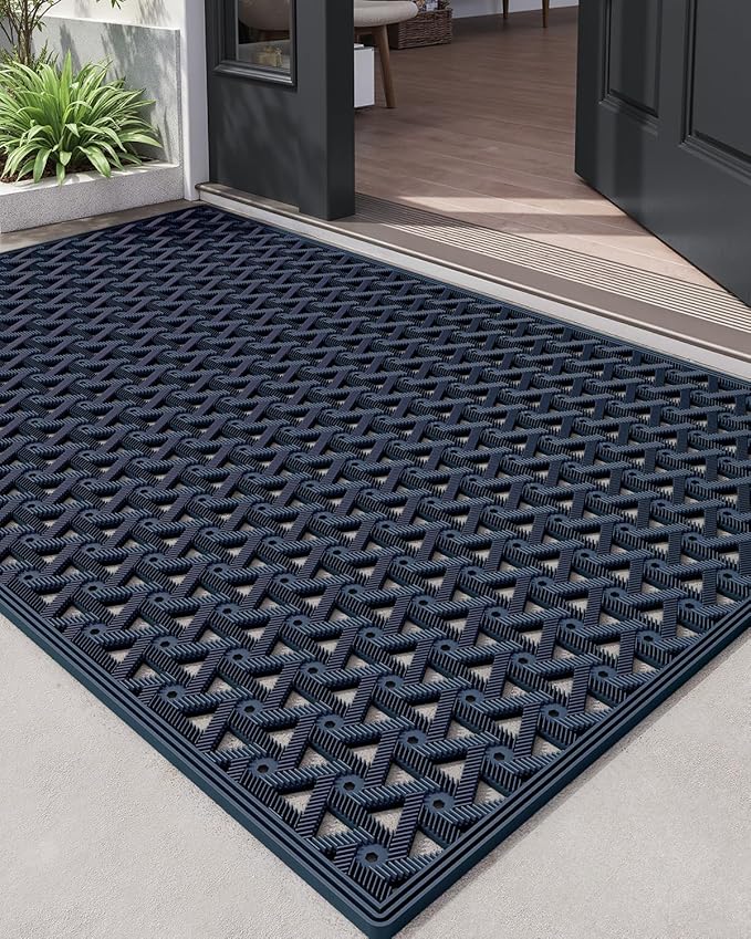 DEXI Front Door Mat Outside Entrance Rubber 32x48, Welcome Floor Doormat Heavy Duty Non Slip, Dirt Trapper Waterproof Exterior Entry Mats All Weather for Patio Entryway Drainage, Blue