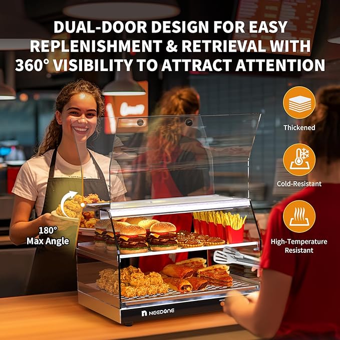 NEEDONE Commercial Food Warmer, Electric Pizza Food Heater Display Cabinet w/Adjustable Temperature, LED Lighting, Removable Racks, Countertop Pastry Display Case for Cafes, Buffet, Parties