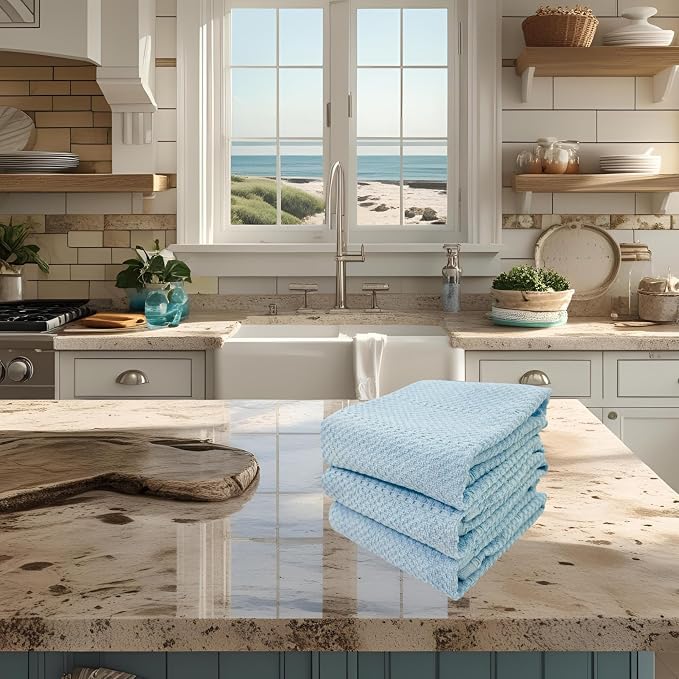 Light Baby Blue Kitchen Hand Dish Towels, 100% Cotton - Image 4