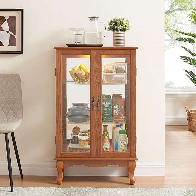 43" H Lighted Curio Cabinet Display Case with Light Bulb, Glass Curio Cabinet with Adjustable Shelves & Tempered Glass Door, Wooden Cabinets w/Mirrored Back Pane for Living Room(Oak)