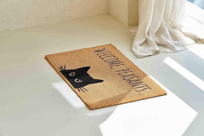 KANKUN Coco Coir Door Mat with Heavy Duty Backing, Welcome Doormat (17" x 30"), Doormat Entrance (Cat)