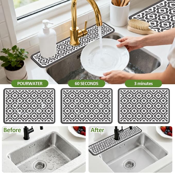 3 Pcs 2 Size Kitchen Sink Splash Guard Faucet Mat Simple Gray Plaid Pattern - Image 4