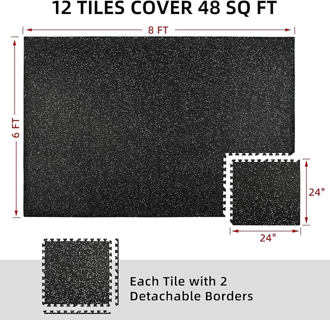 0.56in Thick 48 Sq Ft Exercise Equipment Mats, 12 Tiles Rubber Top EVA Foam Workout Mats, Interlocking Gym Flooring for Home Gym, 24 x 24in, Black & White