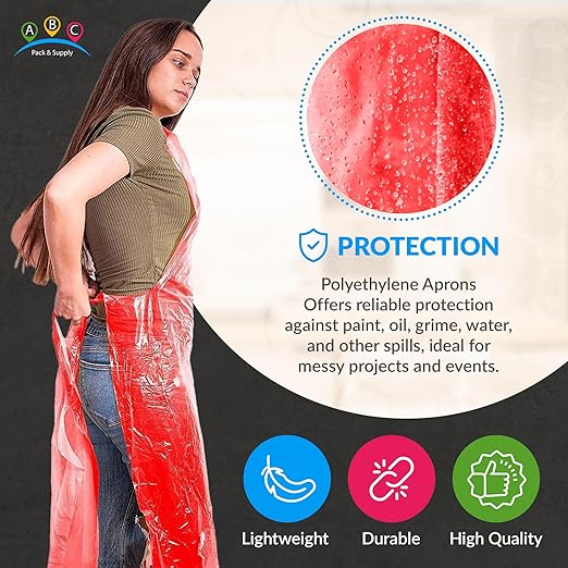 ABC PACK & SUPPLY Red Plastic Disposable Aprons Adults for Painting, 28 x 46 Inches. Pack of 500 Disposable Plastic Aprons, 1 Mil. Unisex Waterproof Polyethylene Painting Apron for Food Industry
