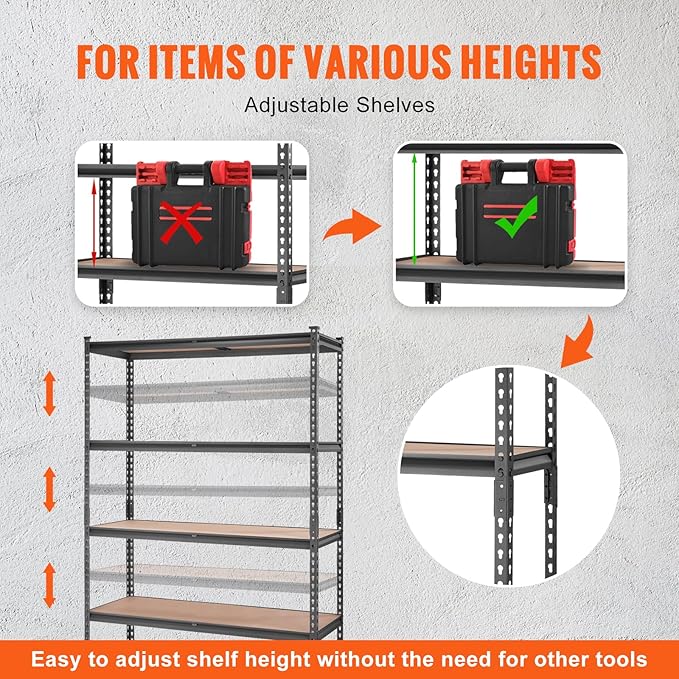 VEVOR Storage Shelving Unit, 5-Tier Adjustable, 2000 lbs Capacity, Heavy Duty Garage Shelves Metal Organizer Utility Rack, Black, 48" L x 18" W x 72" H for Kitchen Pantry Basement Bathroom Laundry | Adjustable, 2000 lbs Capacity, Heavy Duty, Garage She...