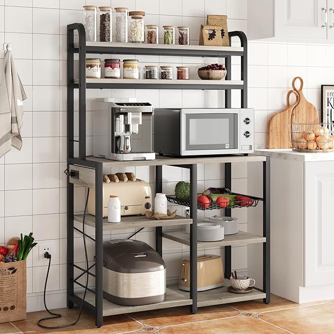 Garvee 5-Tier Bakers Rack with Wire Basket, Microwave Stand with Built-in Power Outlets, Coffee Bar Station, and Open Kitchen Shelving for Spices, Dishes and Pots, Gray