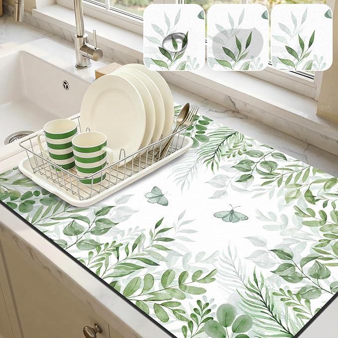 LOKHOM 18"x24" Dish Drying Mat， Green Plant Coffee Mat | Floral Butterfly Prints by LOKHOM