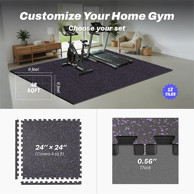 AIRHOP 0.56in Thick 48 Sq Ft Exercise Equipment Mats, 12 Tiles Upgraded Rubber Top with High Density EVA Foam, Large Interlocking Puzzle Gym Flooring for Home Gym, Heavy Weight Workout, 24 x 24in