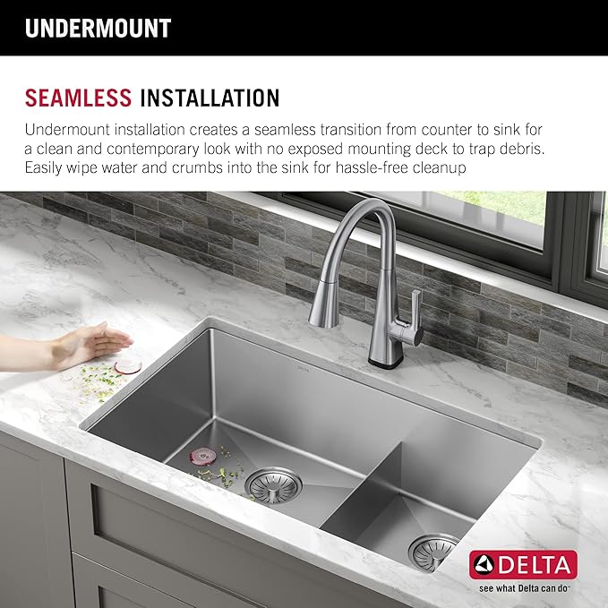 DELTA FAUCET Delta Lenta 32-inch Undermount 16 Gauge Stainless Steel Double Bowl Kitchen Sink with Accessories, 953034-32D6-SS, Satin, 32 Inch - Double Bowl