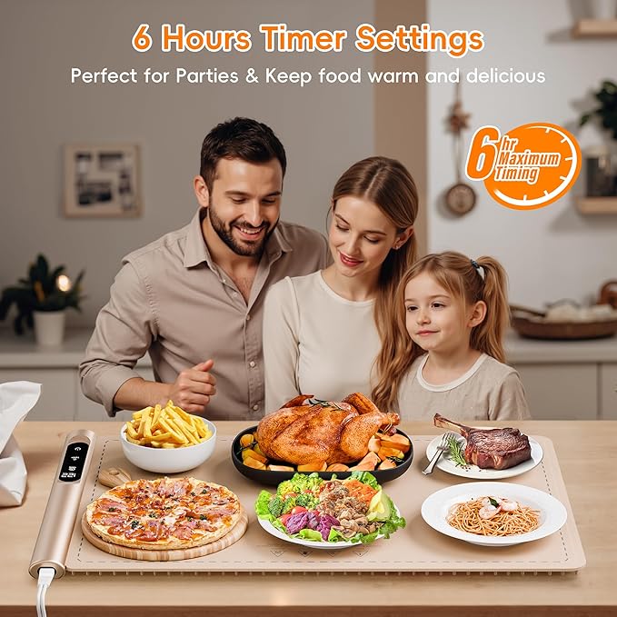 Graphene Food Warming Mat - Rapid Heating with 6 Temp & Timer, Portable Electric Warming Tray for Party Buffet Countertop, Family Meals, Beige