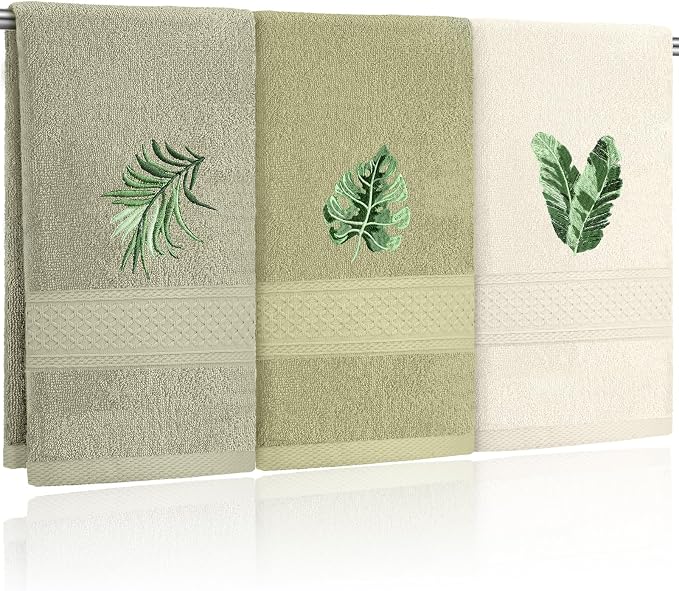 3 Pcs Sage Green Hand Towels Tropical Bathroom Kitchen Decor | Embroidered by FuWeave