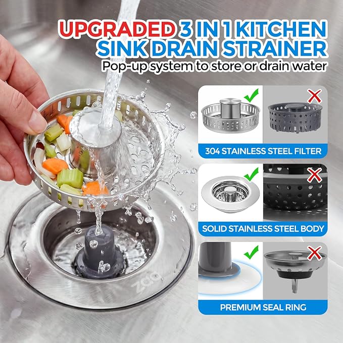 ZAA 3-in-1 Kitchen Sink Drain Strainer, 304 Stainless Steel Sink Stopper - Image 2