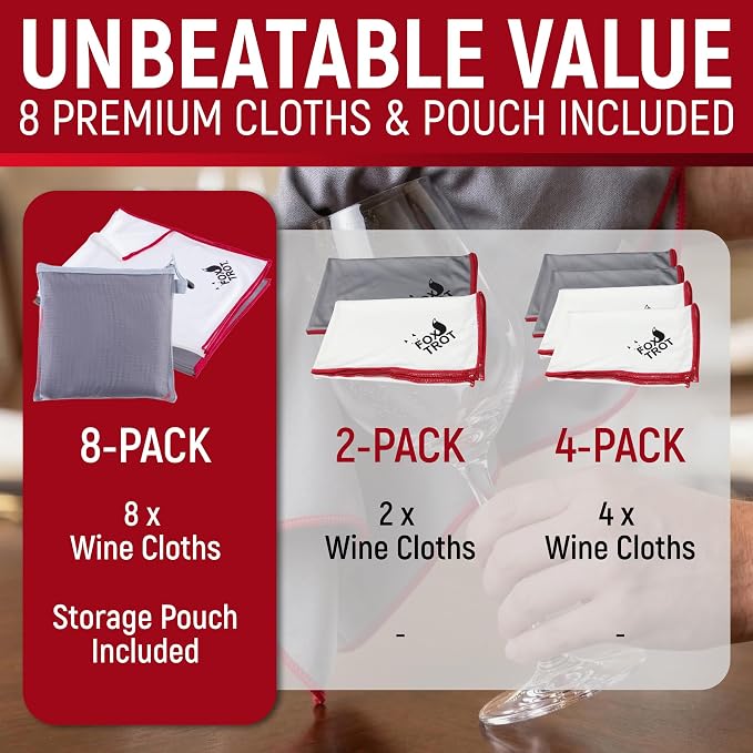 Fox Trot Wine Glass Polishing Cloths, 8 Pack, Storage Pouch Included - Image 6