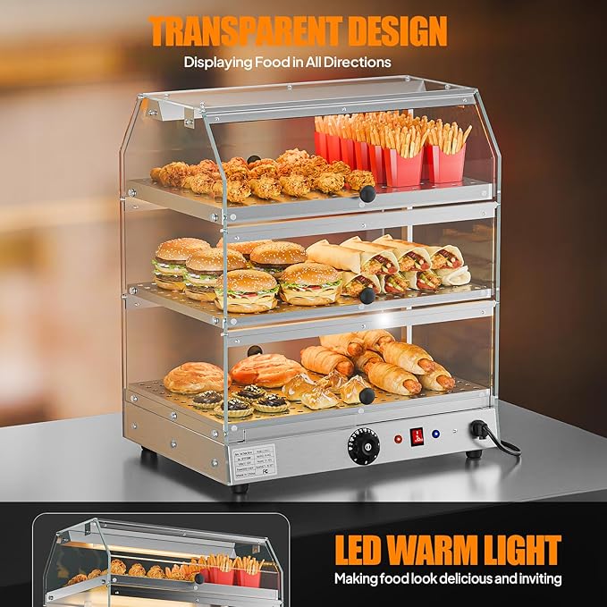 Bonnlo Commercial Food Warmer Display Pizza Warmer, 3-Tier Electric Countertop Food Warmer with LED Acrylic Door Removable Shelves Temp Control, Food Display Warmer for Buffet Restaurant, 120V 500W